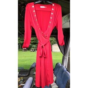 Calvin Klein Women's Red Wrap Dress Slinky Belt Grommets  Size 10 Pre-Owned